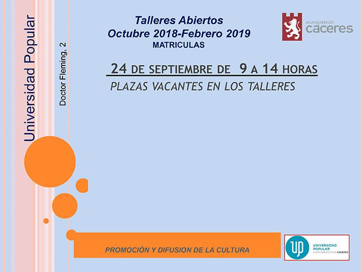nuevo el plazo de matriculas para el programa de talleres abiertos de la Universidad Popular de Cáceres