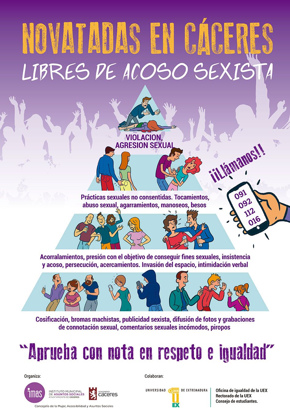 La Concejalía de la Mujer del Excmo. Ayuntamiento de Cáceres, con la colaboración de la Oficina de Igualdad de la Uex, el Vicerrectorado de Estudiantes, Empleo y Movibilidad y el Consejo de Estudiantes de la Universidad de Extremadura, ha programado una campaña de sensibilización contra el acoso sexual durante la celebración de las novatadas universitarias, que tendrán lugar en el mes de septiembre en la ciudad. La celebración de las novatadas universitarias, el ambiente lúdico y festivo que se vive, las aglomeraciones en torno a esta fiesta, o el ánimo de interactuar y relacionarse, no pueden amparar actos enmascarados de abusos sexistas, de acoso, de agresiones o de cualquier otro tipo de violencia hacia las mujeres por el hecho de serlo. Por ello, desde esta concejalía lanzamos esta campaña para sensibilizar a la población universitaria sobre la tolerancia cero ante esta forma de violencia de género y su responsabilidad en detectarla, prevenirla y denunciarla. Esta campaña comenzará durante los días de la celebración de las novatadas y se hará extensible a lo largo del año, con otro tipo de actuaciones de sensibilización y prevención del acoso sexista en el ámbito universitario. Las actuaciones estarán principalmente dirigidas a la sensibilización social, la prevención y la actuación ante los casos que pudieran darse, para lo que se diseñado la campaña con el lema “Novatadas en Cáceres libres de acoso sexista”, y la edición de folletos informativos, pulseras y silbatos. Con respecto a las redes sociales, se promoverá la difusión de la campaña, en los perfiles de facebook, instagram, twitter, y se ha creado el hashtag #NovatadasCáceres#LibresdeAcosoSexista.