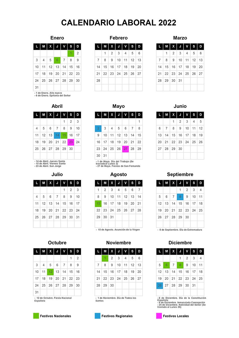 Calendario Laboral Cáceres 2022