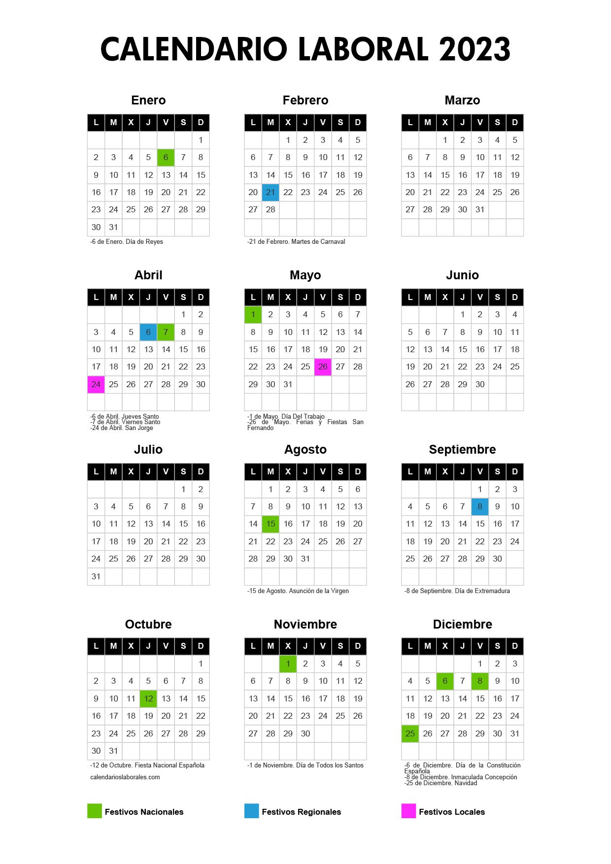 Calendario laboral Cáceres 2023